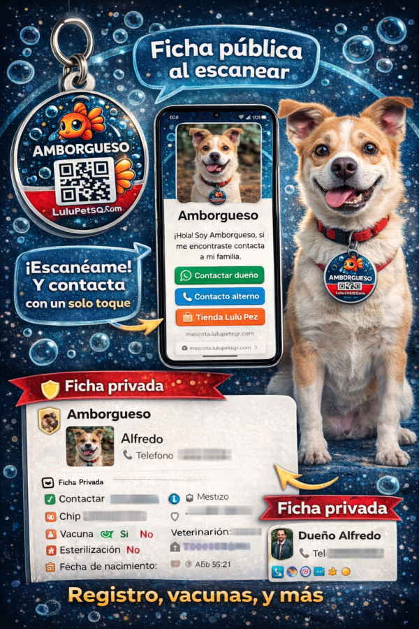 SEGURIDAD PARA MASCOTAS Y DUEÑOS RESPONSABLES. PLACA CON CODIGO QR SIN DATOS EXPUESTOS, ESCANEA, PULSA, REENCUENTRO